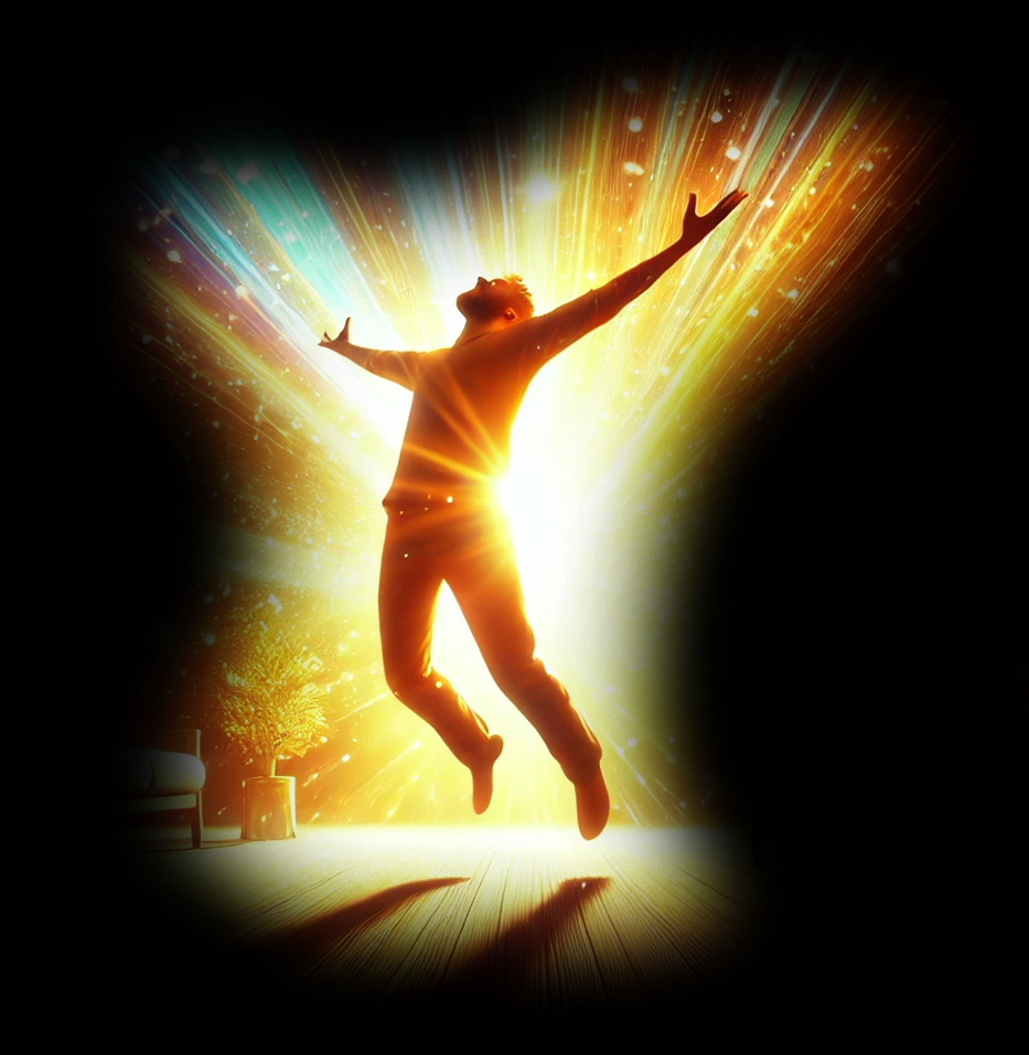 Man joyfully leaping into radiant light, symbolizing the excitement of discovering a powerful tool to bring peace and harmony to his community.